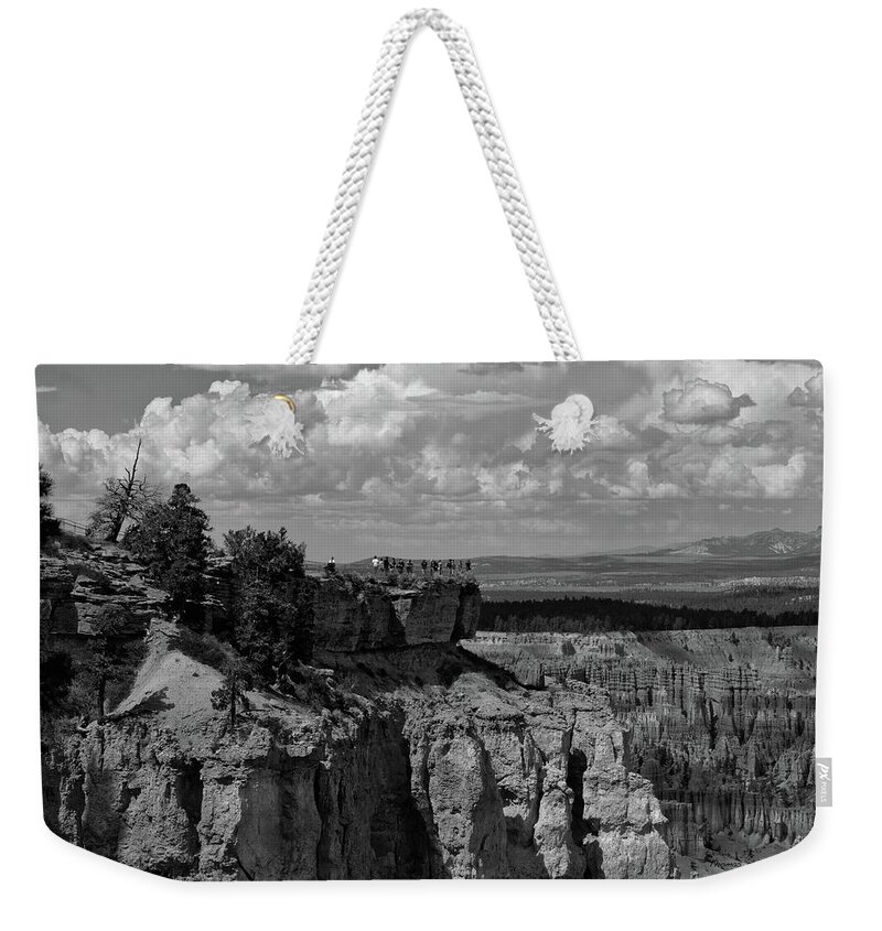 Bryce Canyon National Park Weekender Tote Bag featuring the photograph Bryce Point Bryce Canyon Utah 01 BW by Thomas Woolworth