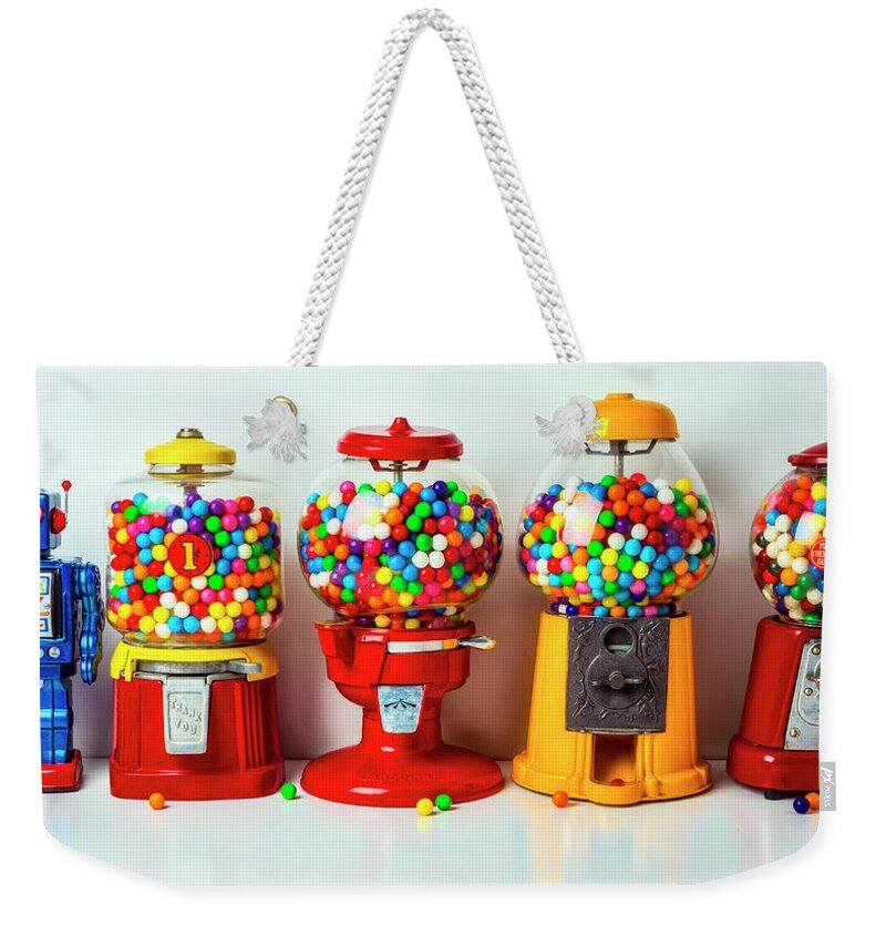Bubblegum Machine Gum Weekender Tote Bag featuring the photograph Bubblegum Machines And Robot by Garry Gay