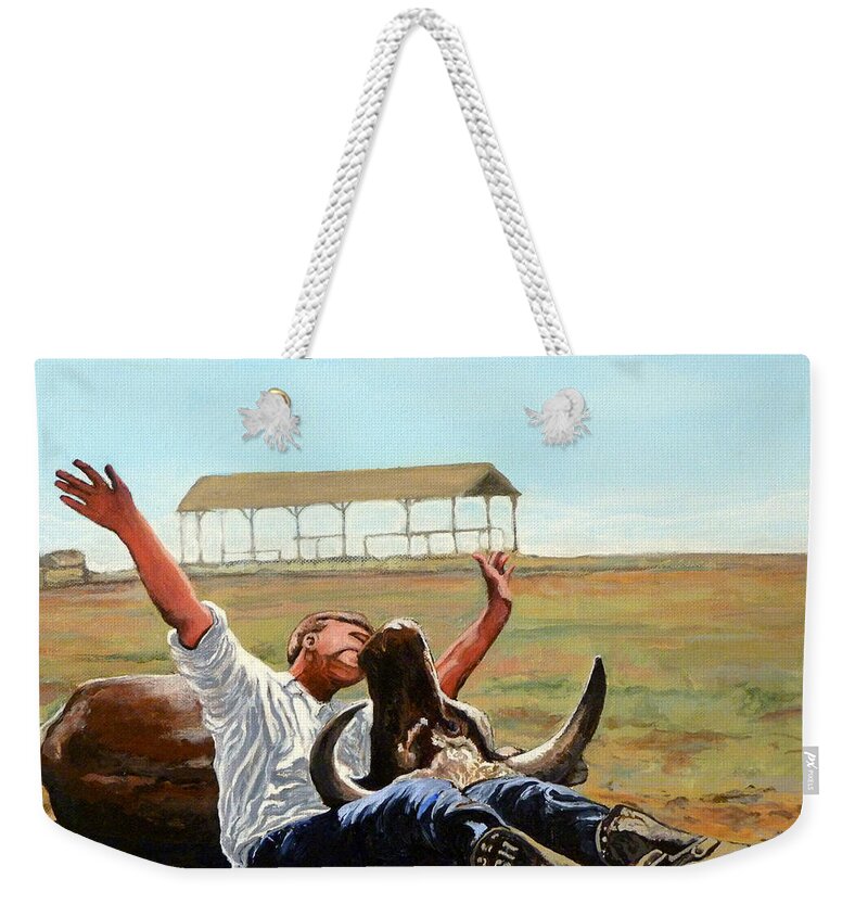 Bull Weekender Tote Bag featuring the painting Bucky Gets the Bull by Tom Roderick