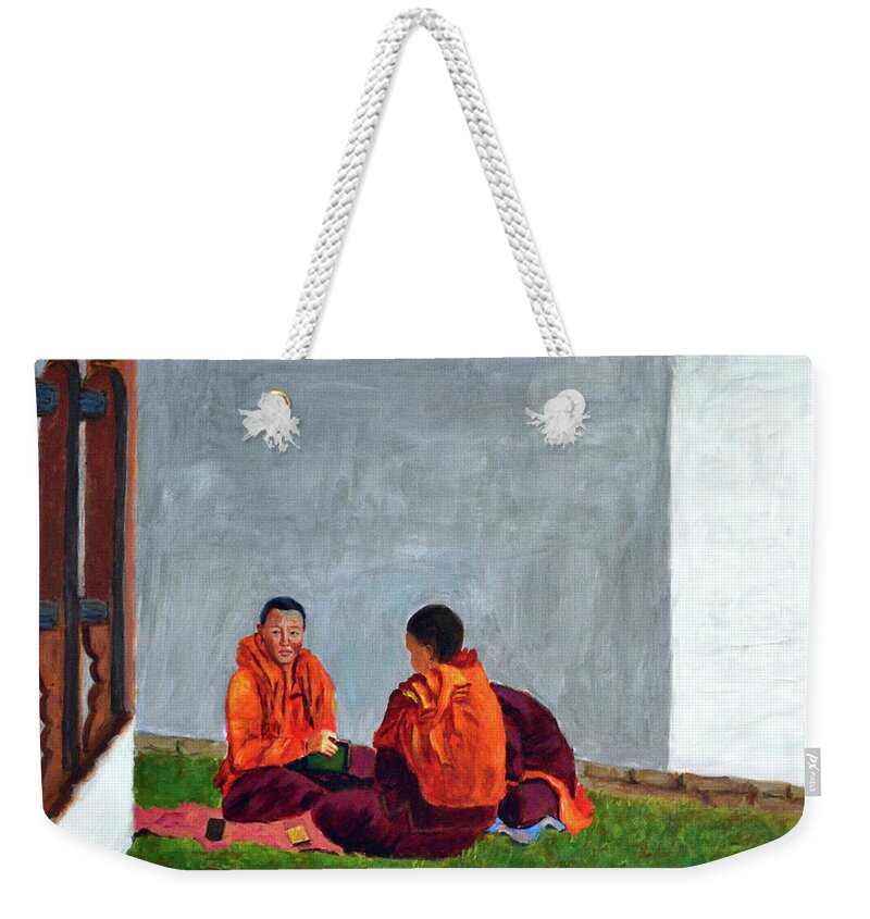 Buddhist Nuns In The Making Weekender Tote Bag featuring the painting Buddhist Nuns in the making by Uma Krishnamoorthy
