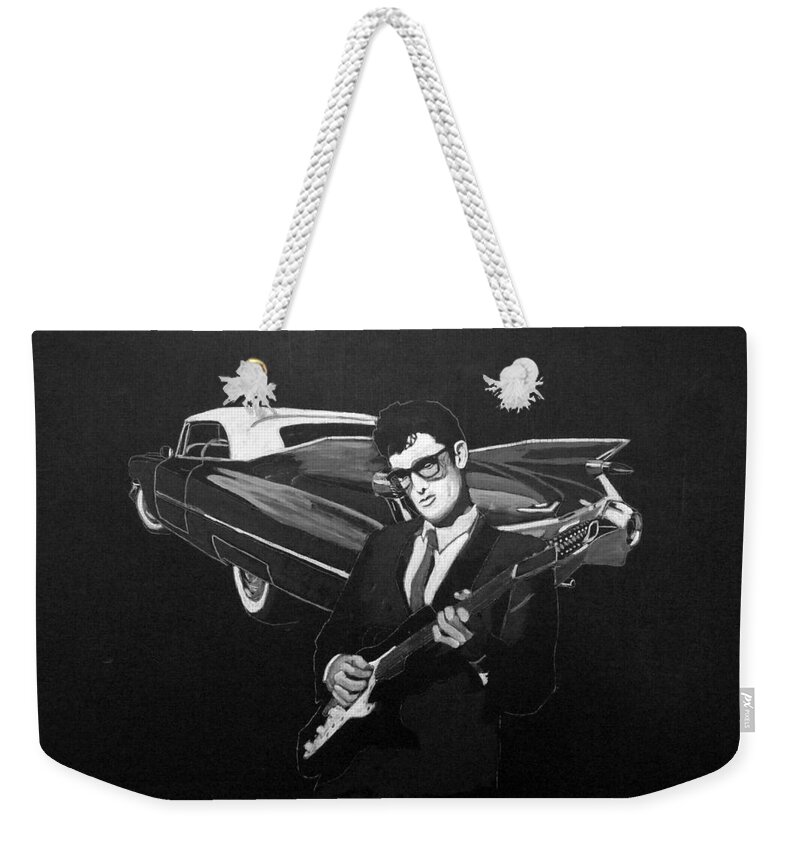 Car Weekender Tote Bag featuring the painting Buddy Holly and 1959 Cadillac by Richard Le Page