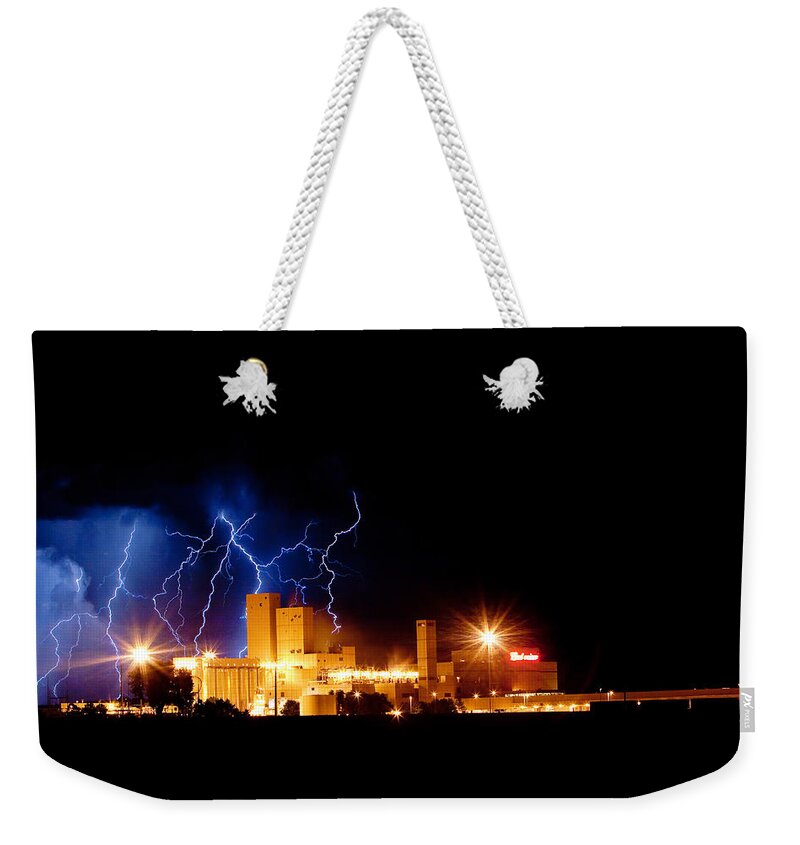 40d Weekender Tote Bag featuring the photograph Budweiser Lightning Thunderstorm Moving Out by James BO Insogna