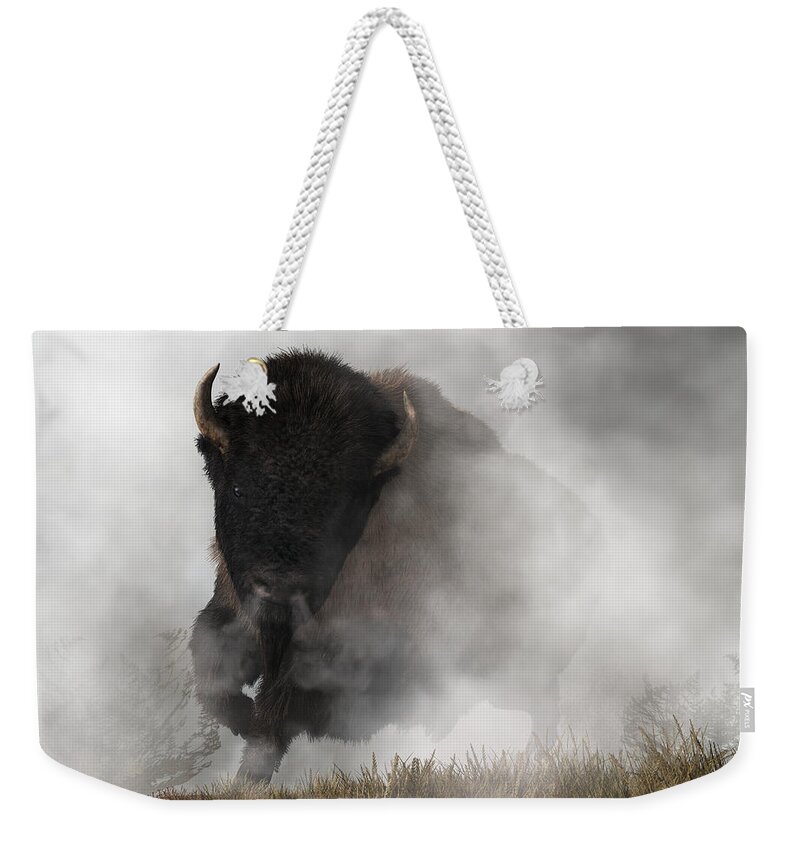 Buffalo Emerging From The Fog Weekender Tote Bag featuring the digital art Buffalo Emerging From The Fog by Daniel Eskridge