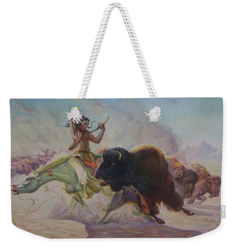 Buffalo Weekender Tote Bag featuring the painting Buffalo Hunt by Gregory Perillo