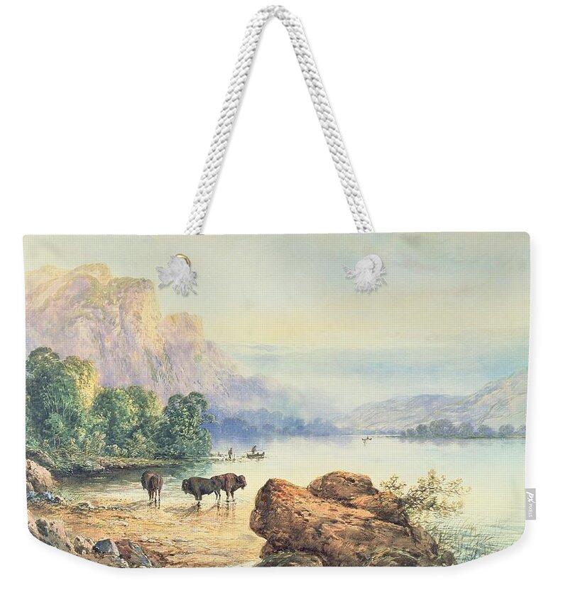 Buffalo Watering Weekender Tote Bag featuring the painting Buffalo Watering by Thomas Moran