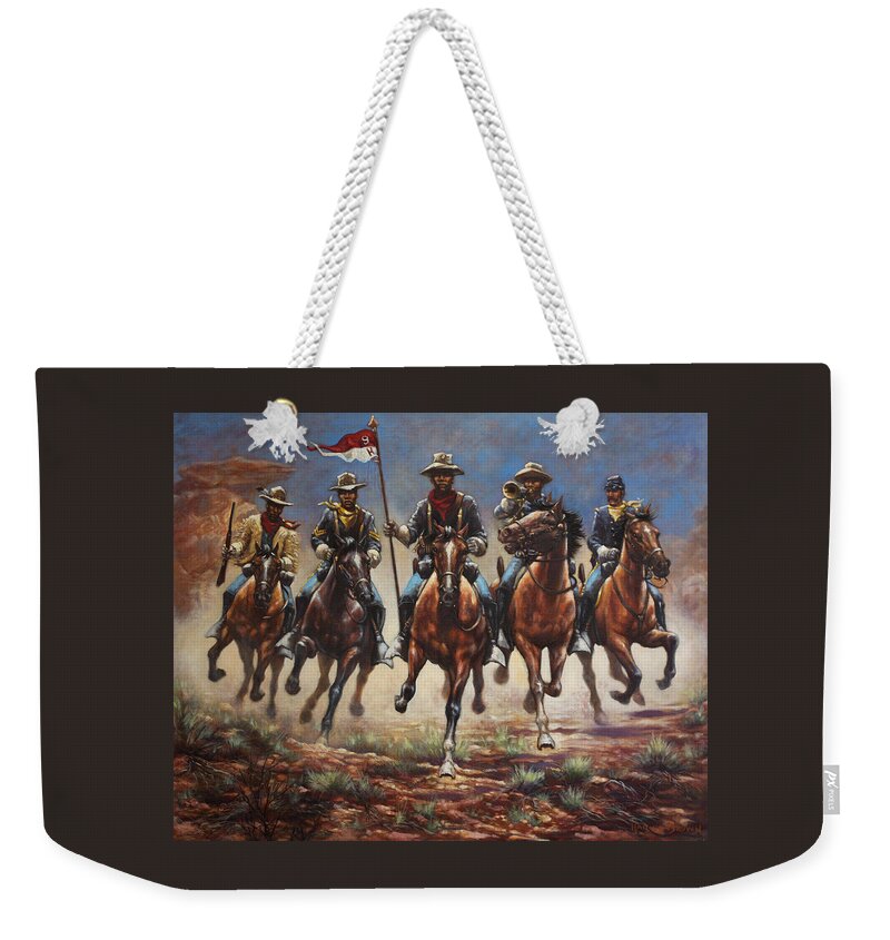 Buffalo Soldiers Weekender Tote Bag featuring the painting Bugler And The Guidon by Harvie Brown