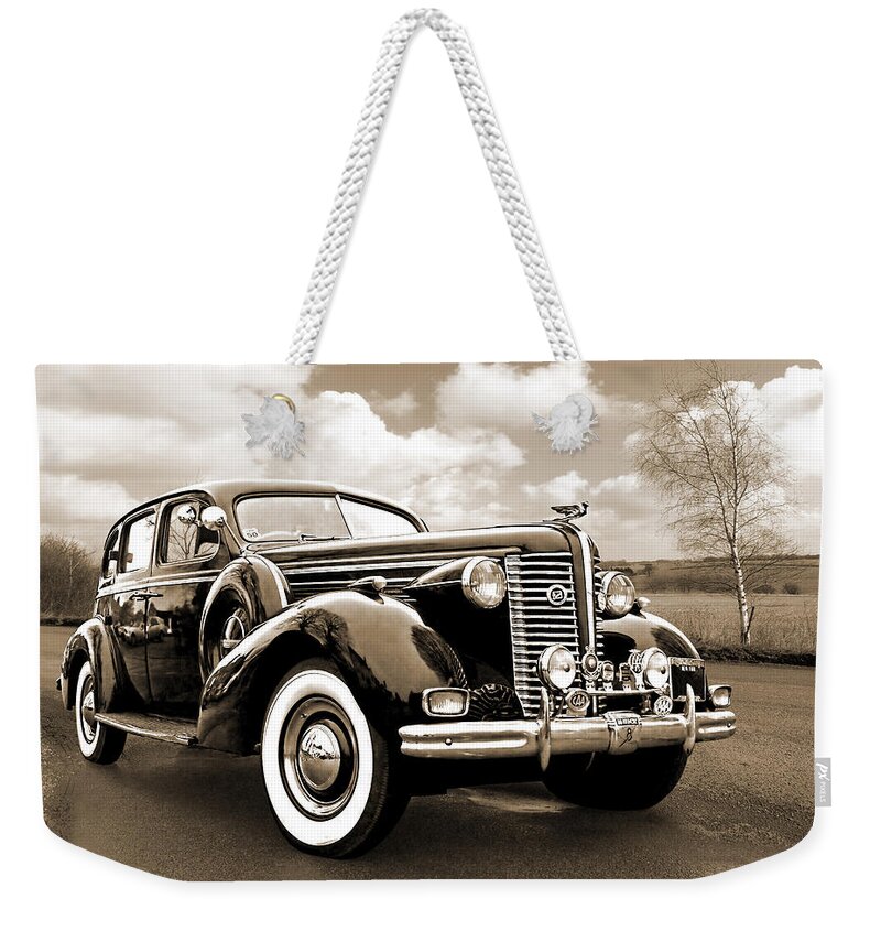 Buick Weekender Tote Bag featuring the photograph Buick 8 1938 Sedan in Sepia by Gill Billington