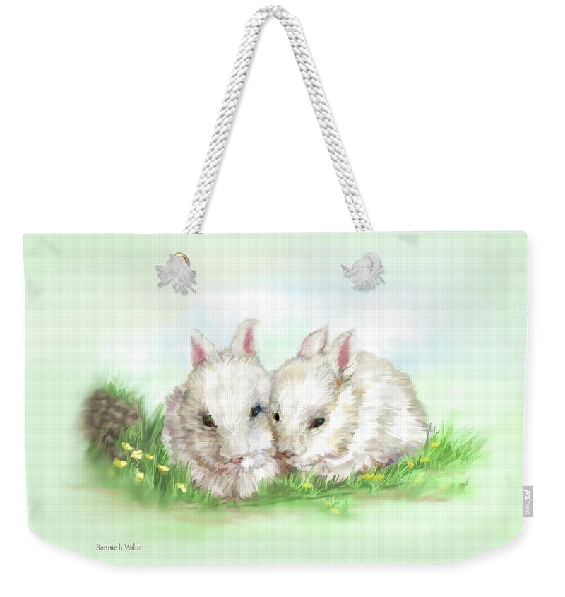 White Weekender Tote Bag featuring the digital art Bunny Love in Color by Bonnie Willis