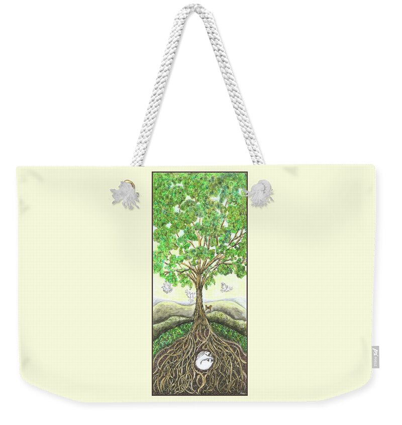 Lise Winne Weekender Tote Bag featuring the painting Bunny Nap in Tree Roots by Lise Winne