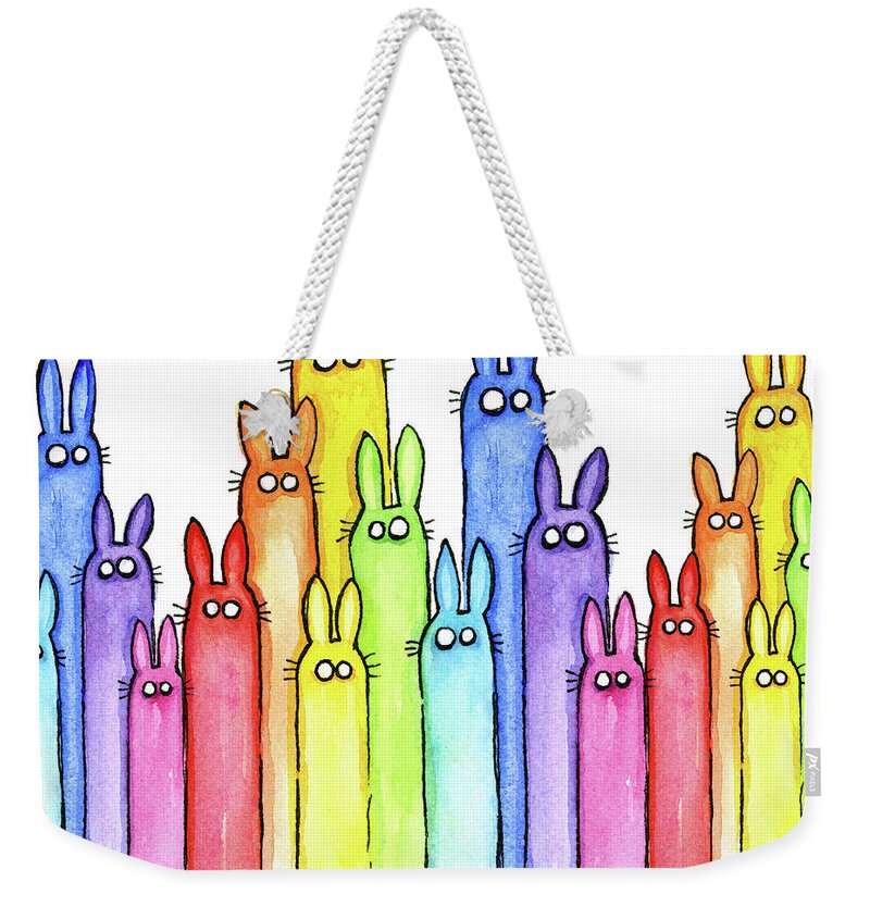 Baby Weekender Tote Bag featuring the painting Bunny Rainbow Pattern by Olga Shvartsur