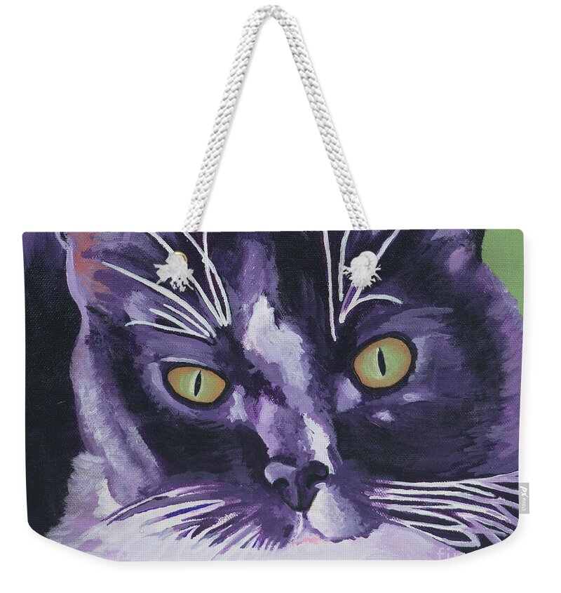 Pet Weekender Tote Bag featuring the painting Tuxedo Black and White Cat by Robyn Saunders