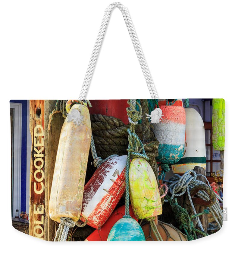 Buoys Weekender Tote Bag featuring the photograph Buoys At The Crab Shack by James Eddy