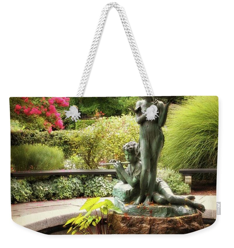 Fountain Weekender Tote Bag featuring the photograph Burnett Fountain Garden by Jessica Jenney