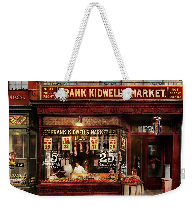 Frank Kidwell Weekender Tote Bag featuring the photograph Butcher - Meat priced right 1916 by Mike Savad