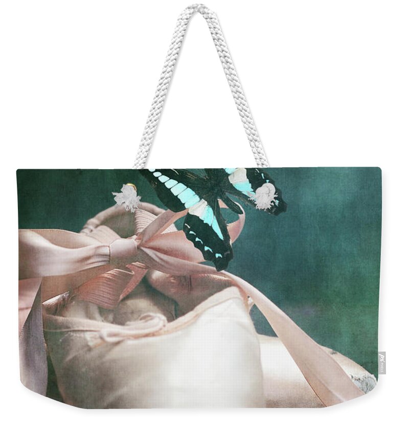 Ballerina Weekender Tote Bag featuring the photograph Butterfly and Ballerina Pointe Shoes by Stephanie Frey