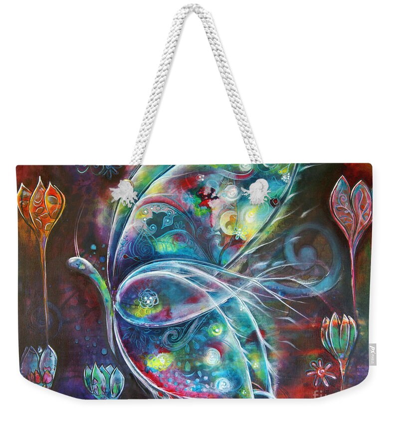 Butterfly Weekender Tote Bag featuring the painting Butterfly Fiesta by Reina Cottier