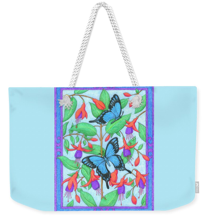 Flower Weekender Tote Bag featuring the drawing Butterfly Idyll-Fuchsias by Alison Stein