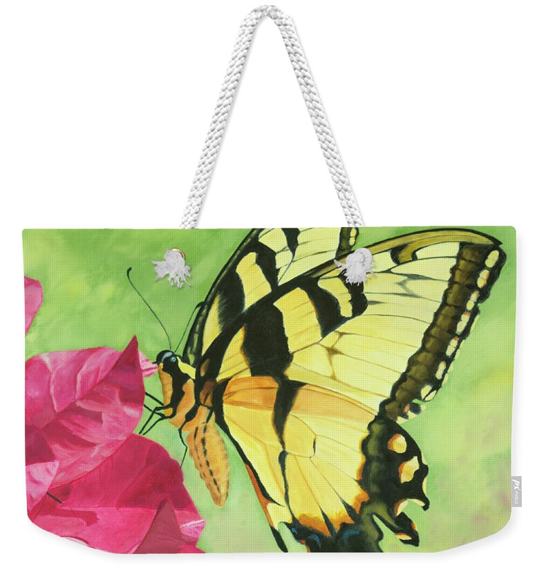 Butterfly Weekender Tote Bag featuring the painting Butterfly on the Bougainvillea by Jimmie Bartlett