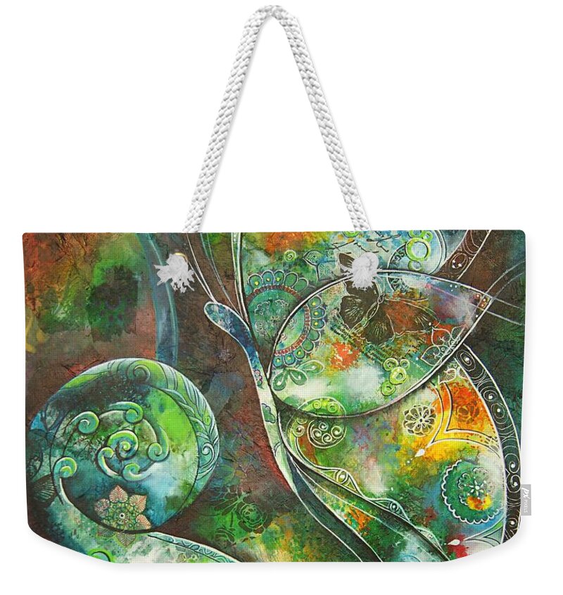 Butterfly Weekender Tote Bag featuring the painting Butterfly with Koru by Reina Cottier by Reina Cottier