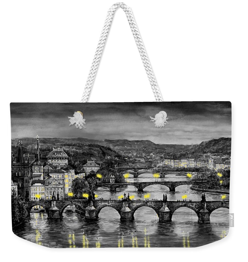 Prague Weekender Tote Bag featuring the painting BW Prague Bridges by Yuriy Shevchuk