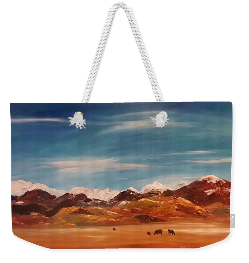 Alder Montana Weekender Tote Bag featuring the painting By Alder -Tobacco Root Mountains by Cheryl Nancy Ann Gordon