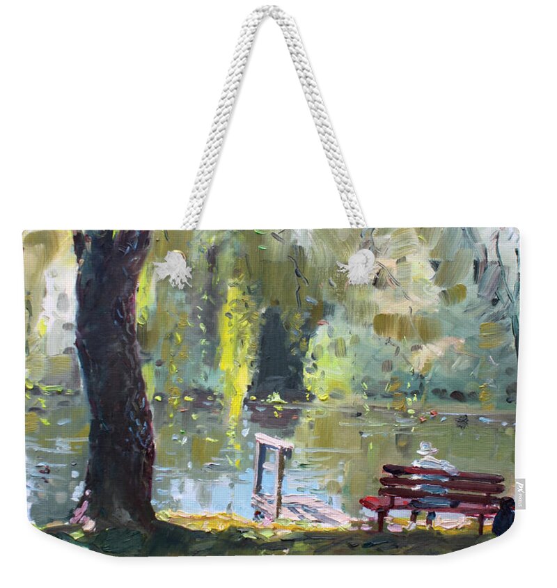 Lake Weekender Tote Bag featuring the painting By The Lake by Ylli Haruni