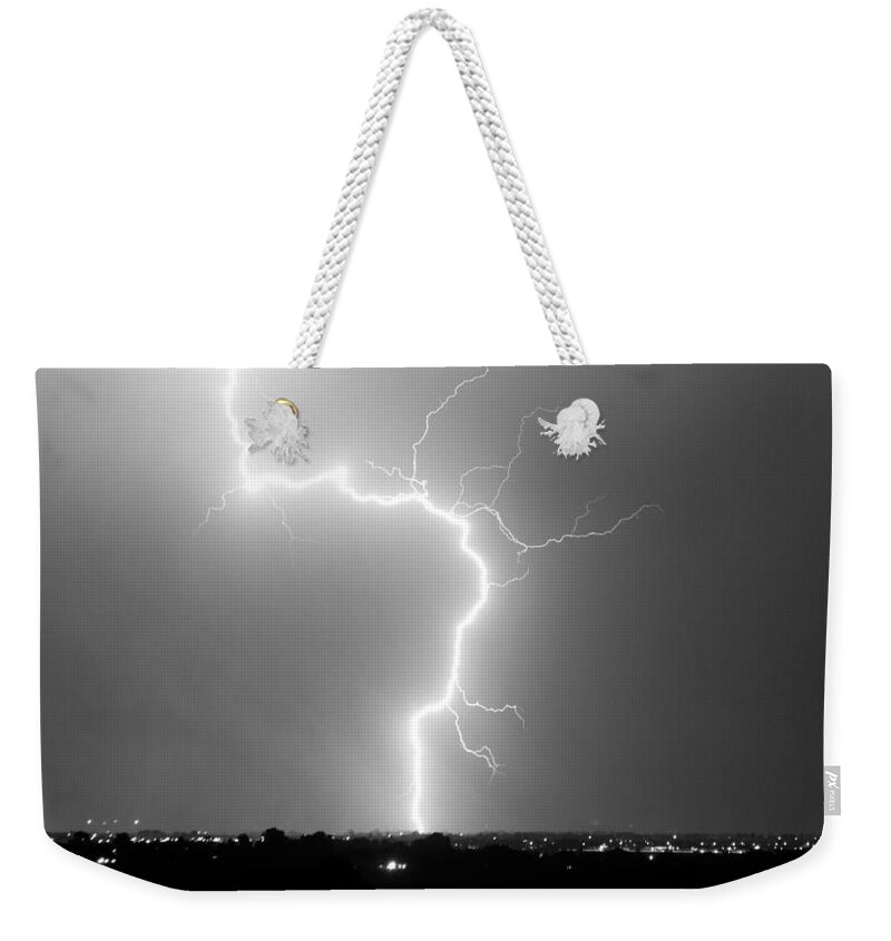 City Weekender Tote Bag featuring the photograph C2G Lightning Strike in Black and White by James BO Insogna