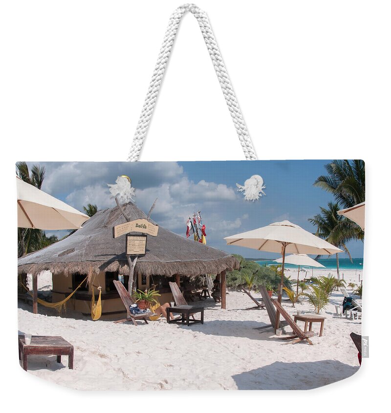 Mexico Quintana Roo Weekender Tote Bag featuring the digital art Cabanas on Tulum Beach by Carol Ailles