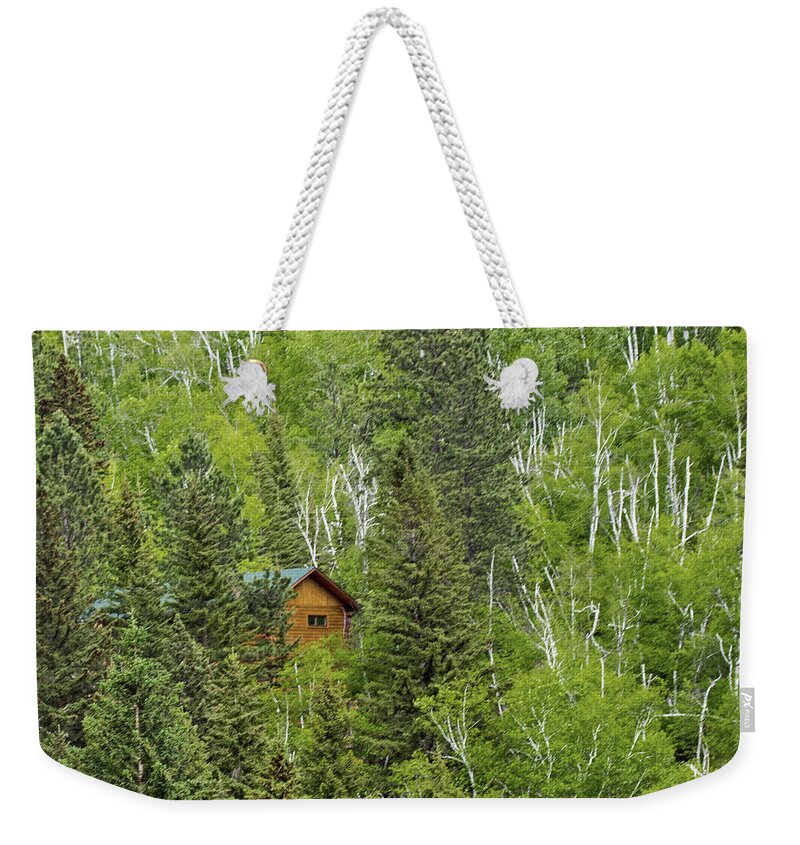 Forest Weekender Tote Bag featuring the photograph Cabin in the Woods by Ira Marcus