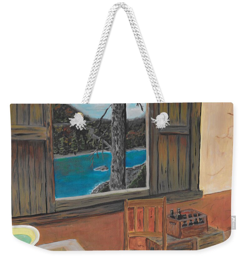 Cabin Weekender Tote Bag featuring the painting Cabin Window by David Bigelow