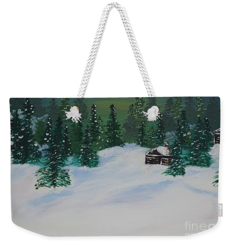 Snow Weekender Tote Bag featuring the painting Cabins in the Woods by Jimmy Clark