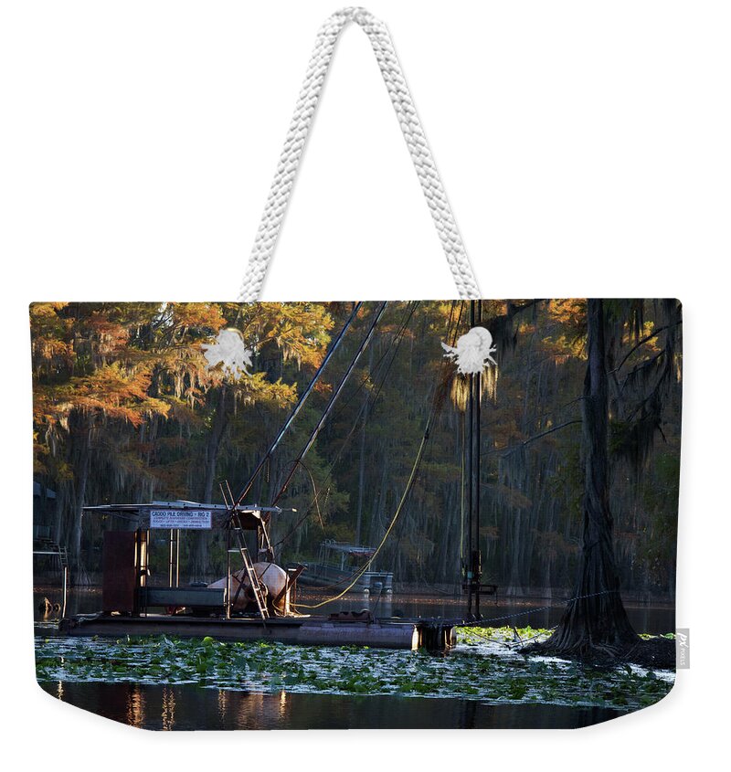 Autumn Weekender Tote Bag featuring the digital art Caddo Pile Driving - Rig 2 by Lana Trussell