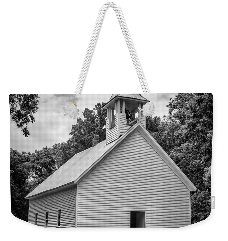 Cades Cove Weekender Tote Bag featuring the photograph Cades Cove Primitive Baptist Church - BW 1 by Stephen Stookey