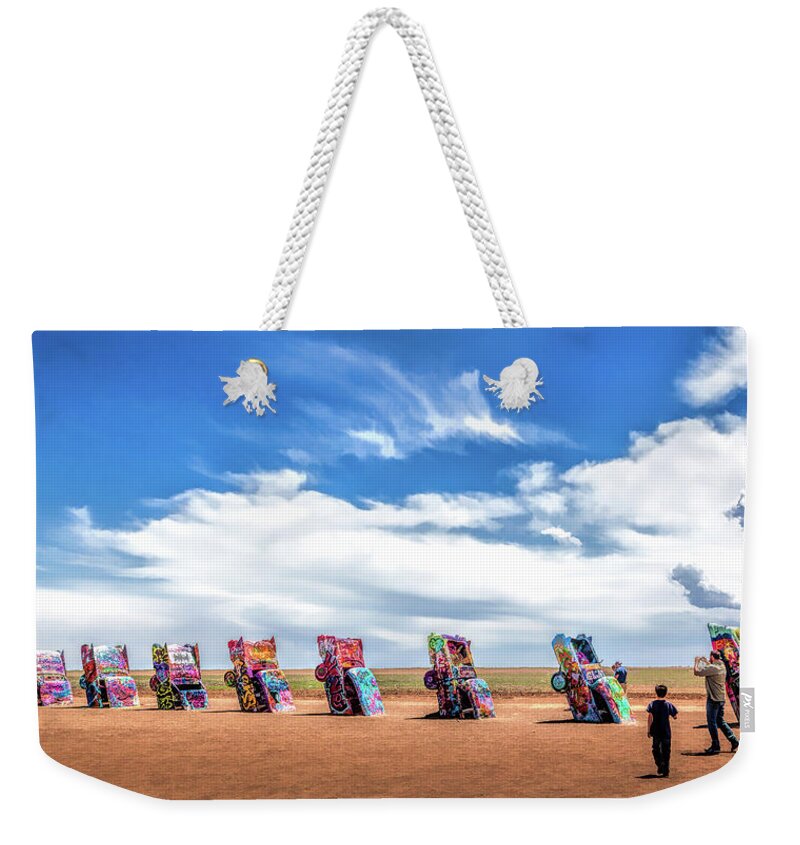 Cadillac Ranch Weekender Tote Bag featuring the painting Route 66 Cadillac Ranch by Christopher Arndt