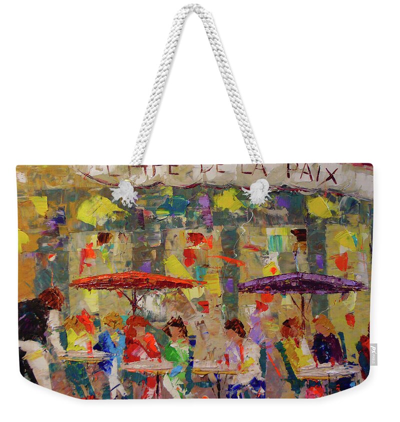 Paris Weekender Tote Bag featuring the painting Cafe de la Paix Paris by Frederic Payet