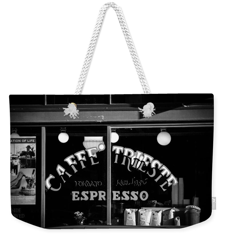 Bonnie Follett Weekender Tote Bag featuring the photograph Caffe Trieste Espresso WIndow BW by Bonnie Follett