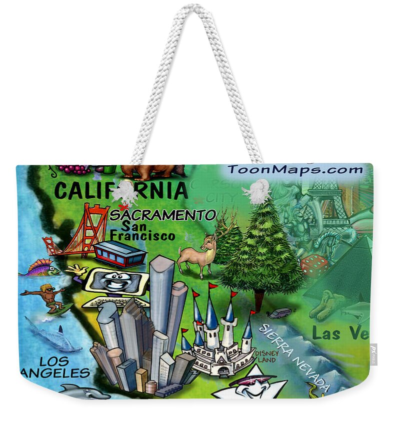 California Weekender Tote Bag featuring the digital art California Fun Map by Kevin Middleton
