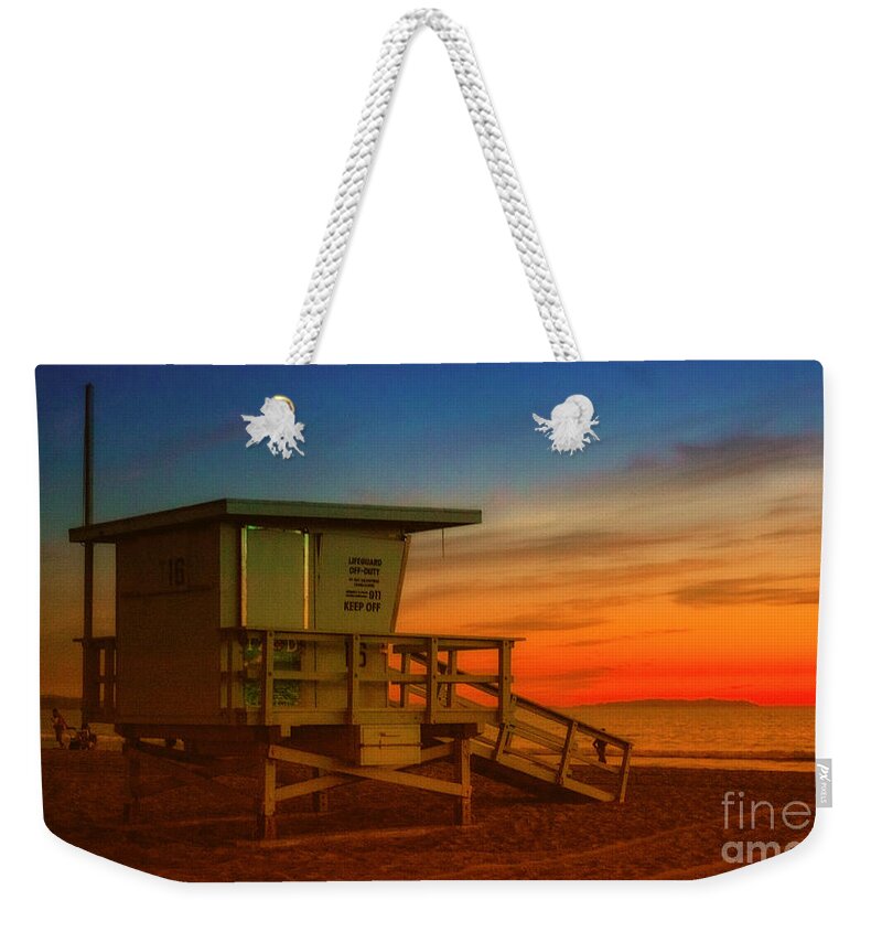 California Lifeguard Tower At Sunset Fine Art Photography Print For Beach Lovers As Wall Hanging For The Home Or Office Weekender Tote Bag featuring the photograph California Lifeguard Tower At Sunset by Jerry Cowart