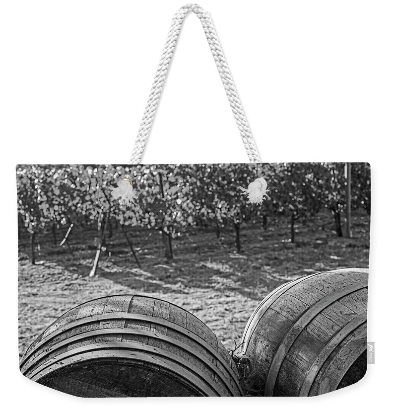 Sebastopol Weekender Tote Bag featuring the photograph California Wine Country Wine Barrels Sonoma Valley Black and White by Toby McGuire