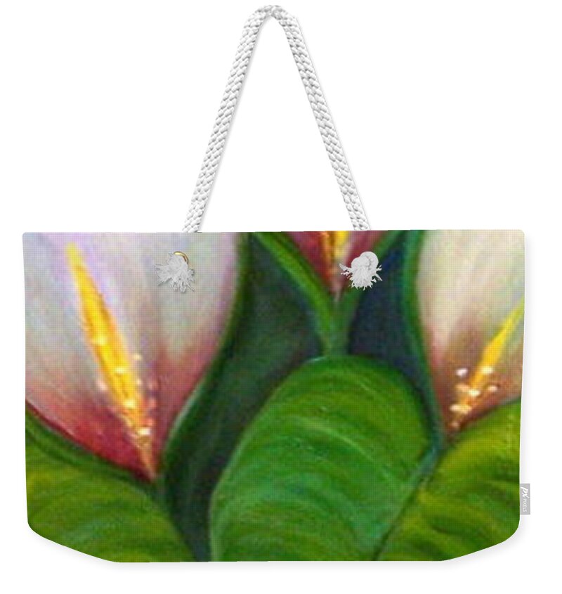 Flora Weekender Tote Bag featuring the painting Calla Lilies by Dina Holland