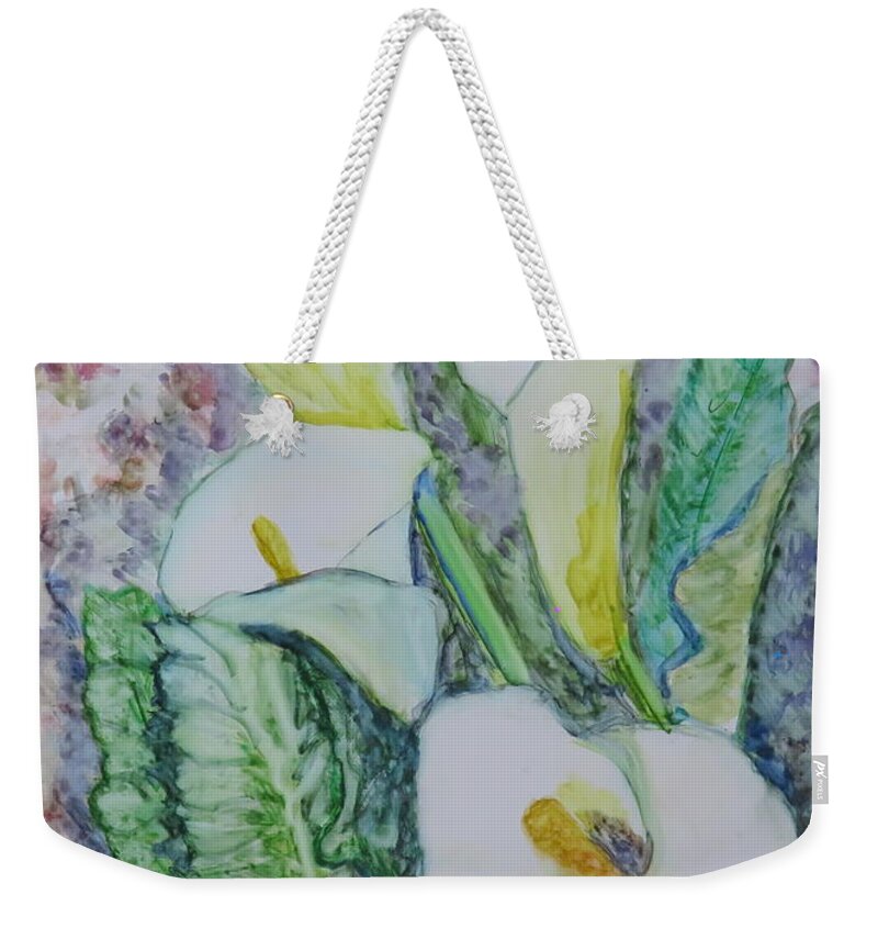 Lily Weekender Tote Bag featuring the painting Calla Lillies by Laurie Morgan