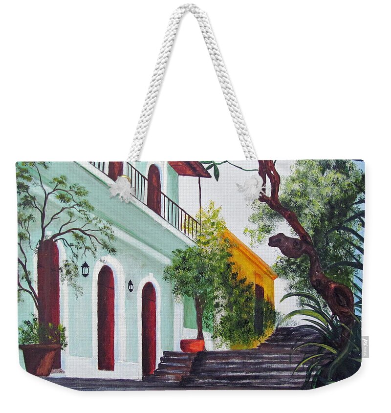 Callejon Weekender Tote Bag featuring the painting Callejon Del Hospital by Gloria E Barreto-Rodriguez