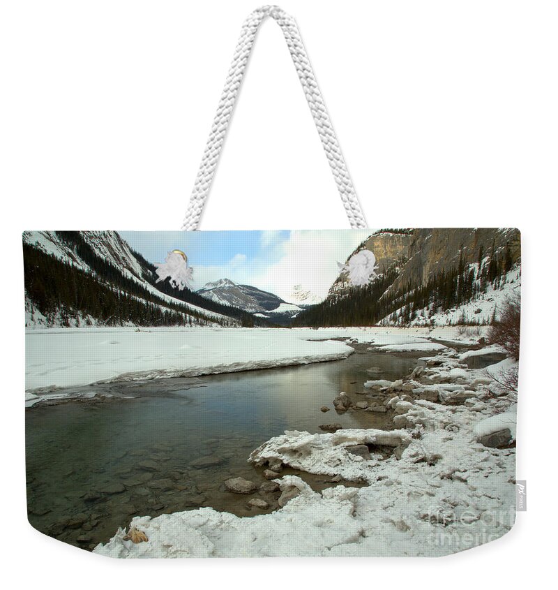 Rampart Creek Weekender Tote Bag featuring the photograph Calm Water Along The Icefields Parkway by Adam Jewell
