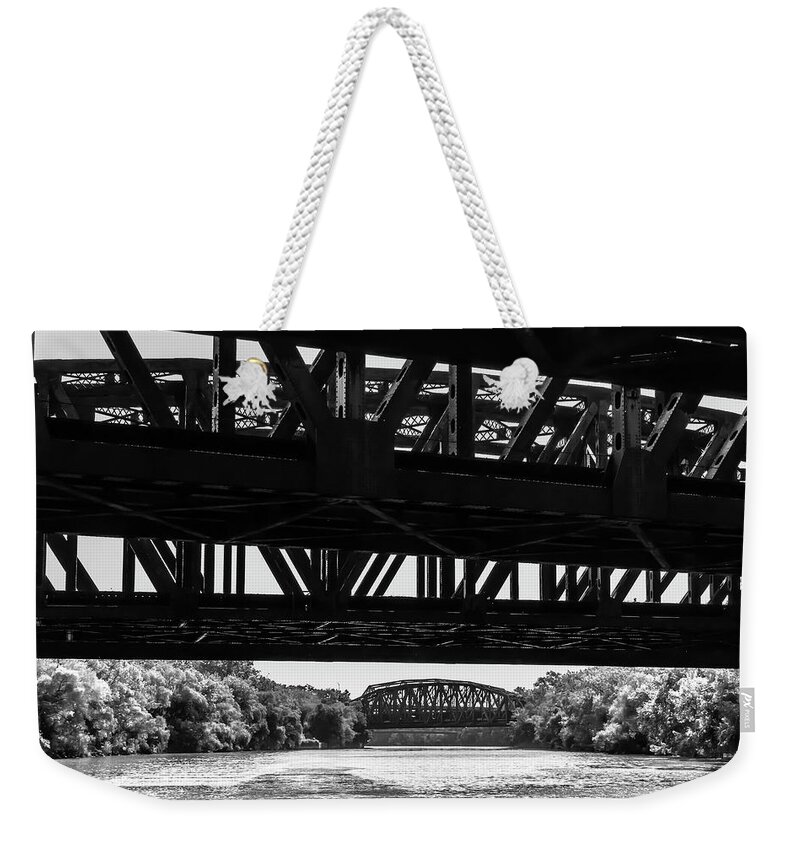 Cal-sag Channel Weekender Tote Bag featuring the photograph Calumet River bridges in Black and White by Sven Brogren