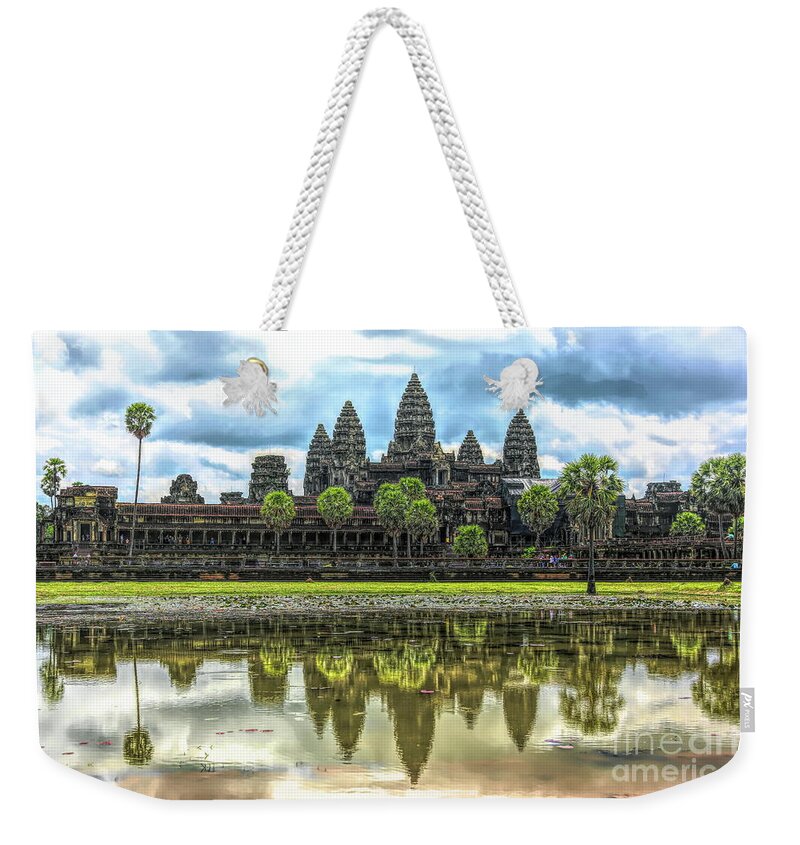 Angkor Wat Weekender Tote Bag featuring the digital art Cambodia Panorama Angkor Wat Reflections by Chuck Kuhn