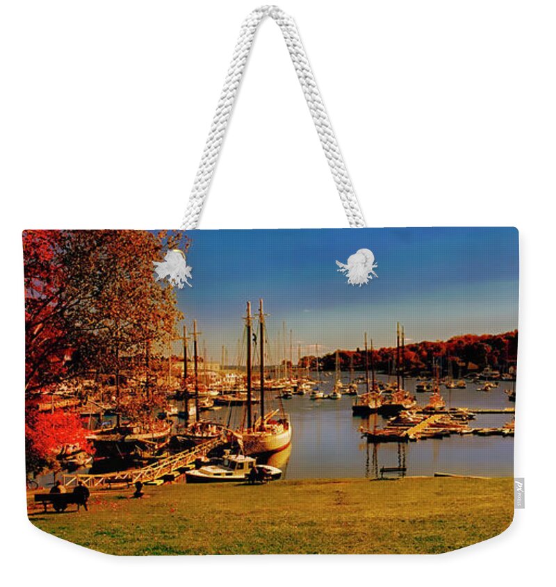 Camden Weekender Tote Bag featuring the photograph Camden Harbor Maine fall afternoon by Tom Jelen