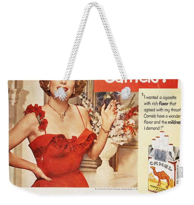 1951 Weekender Tote Bag featuring the photograph Camel Cigarette Ad, 1951 by Granger