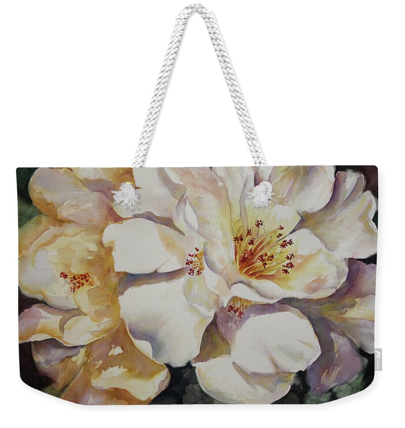 Camellias Weekender Tote Bag featuring the painting Camellias Golden Glow by Roxanne Tobaison
