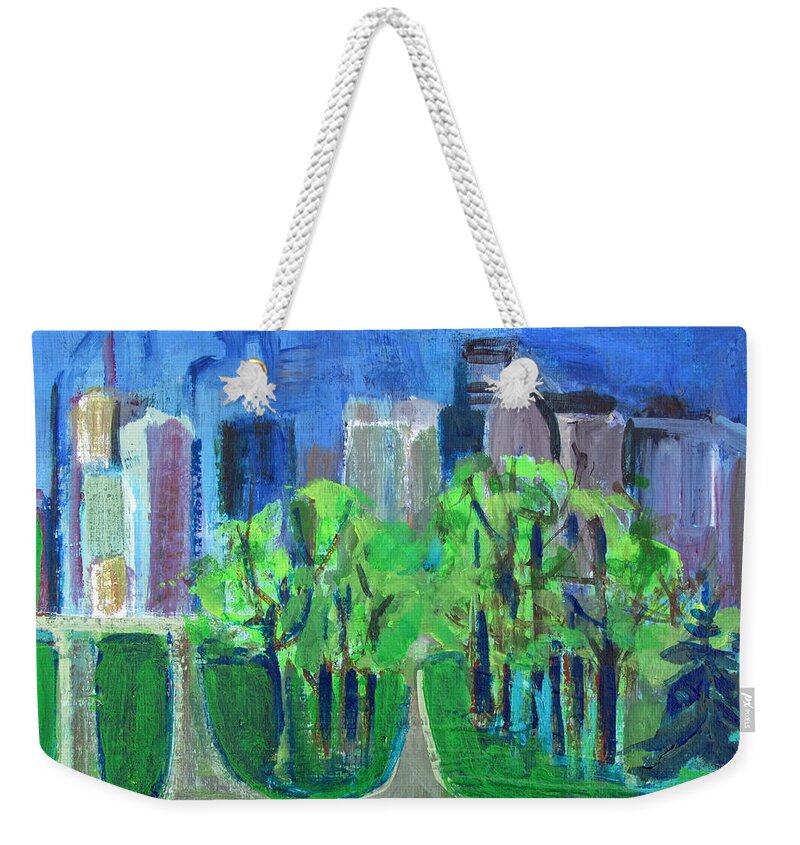 City Scene And Green Park Area Weekender Tote Bag featuring the painting Campus by Betty Pieper