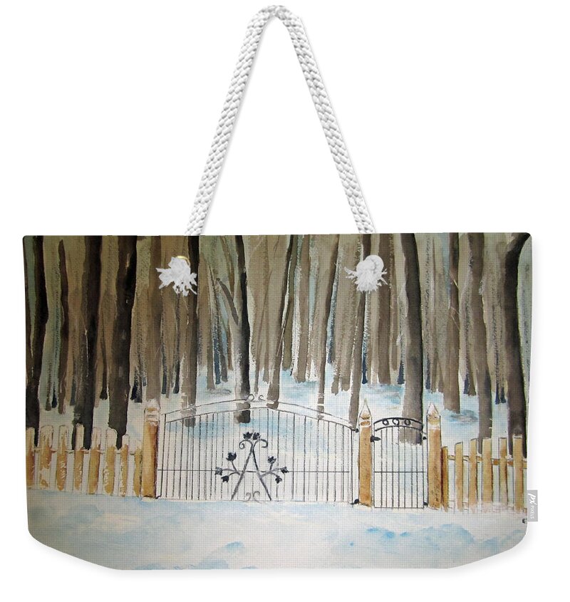 Winter Snow Weekender Tote Bag featuring the painting Canada The Grove by Elvira Ingram